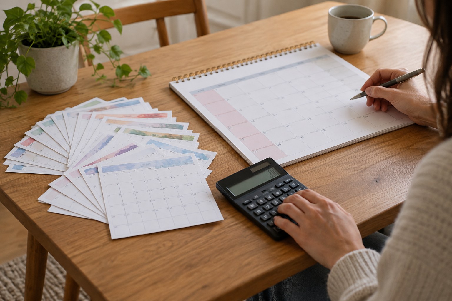 Twelve small blank monthly calendar pages fanned beside one larger annual planner and calculator.