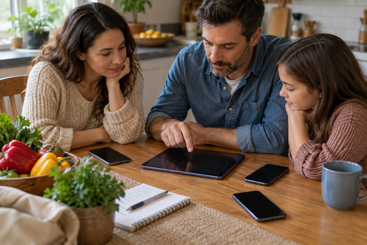 A household looking at a shared tablet with smartphones on the table.