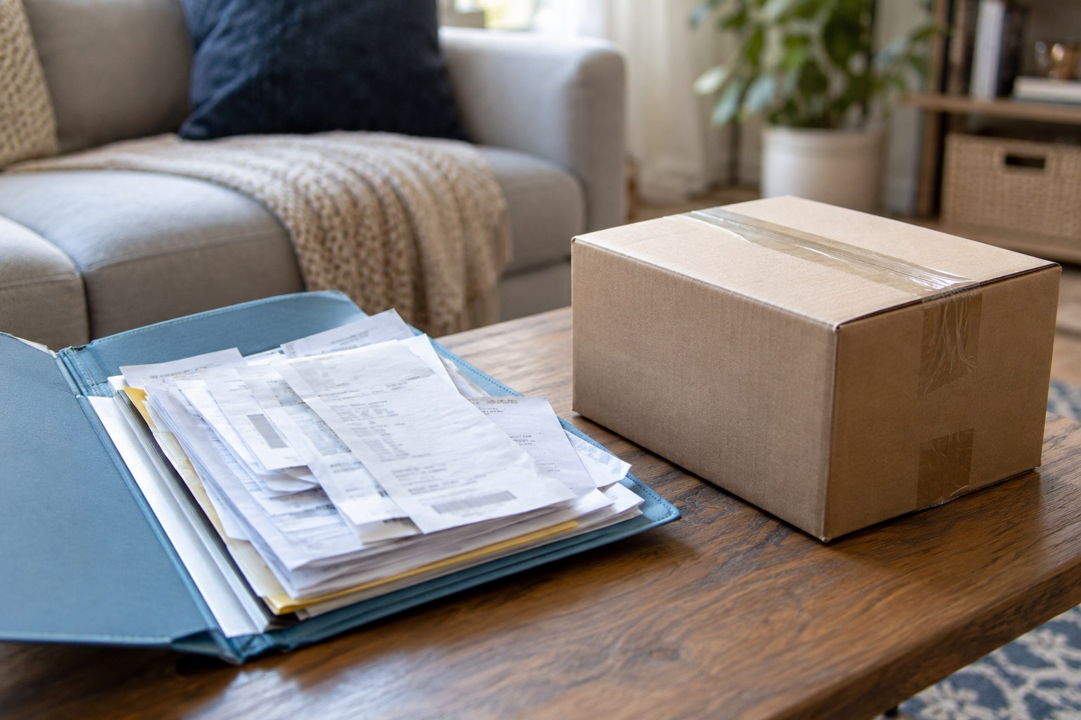 Folder containing receipts and packing slips beside a closed return parcel.