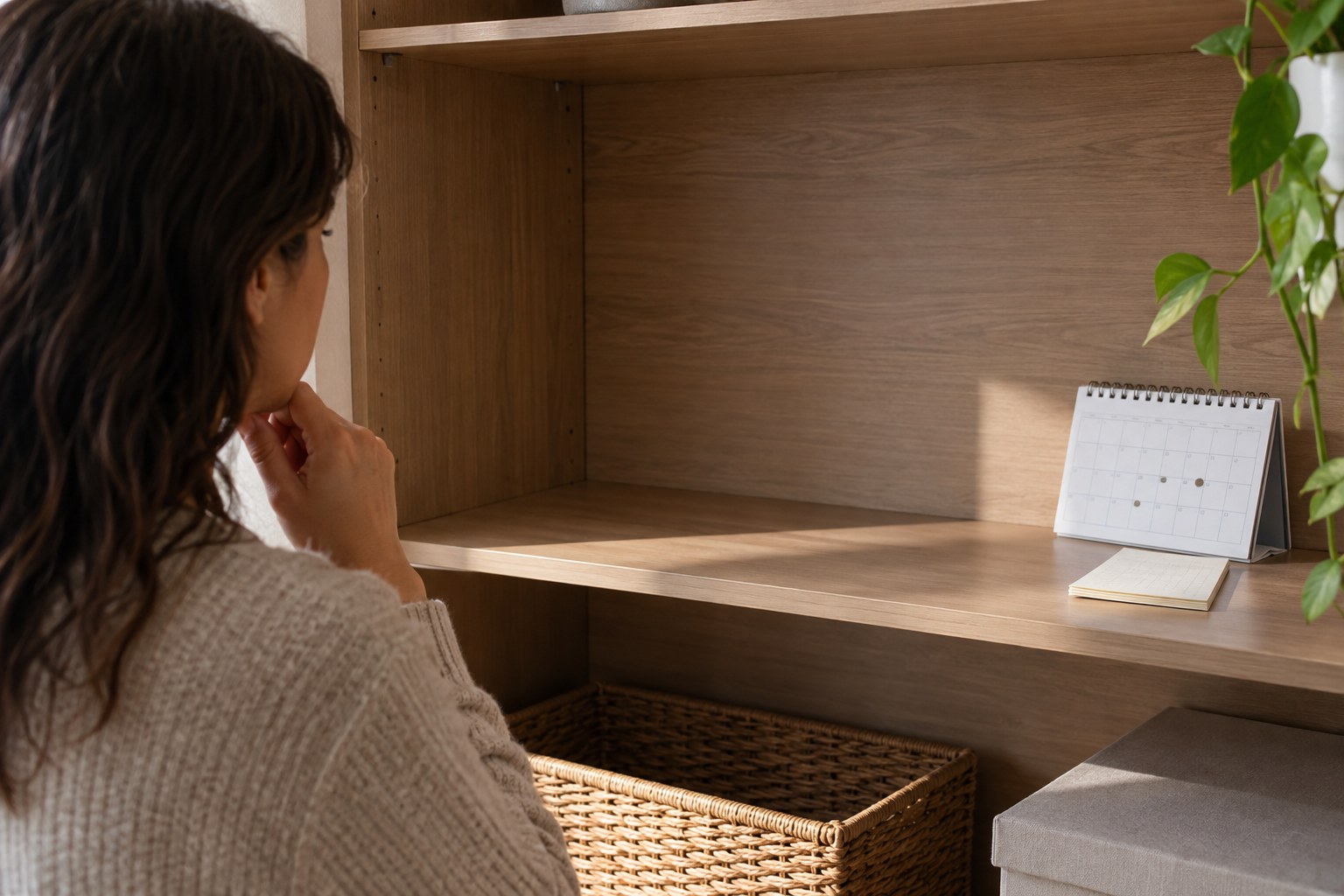 Empty shelf space beside a calendar for a planned purchase.