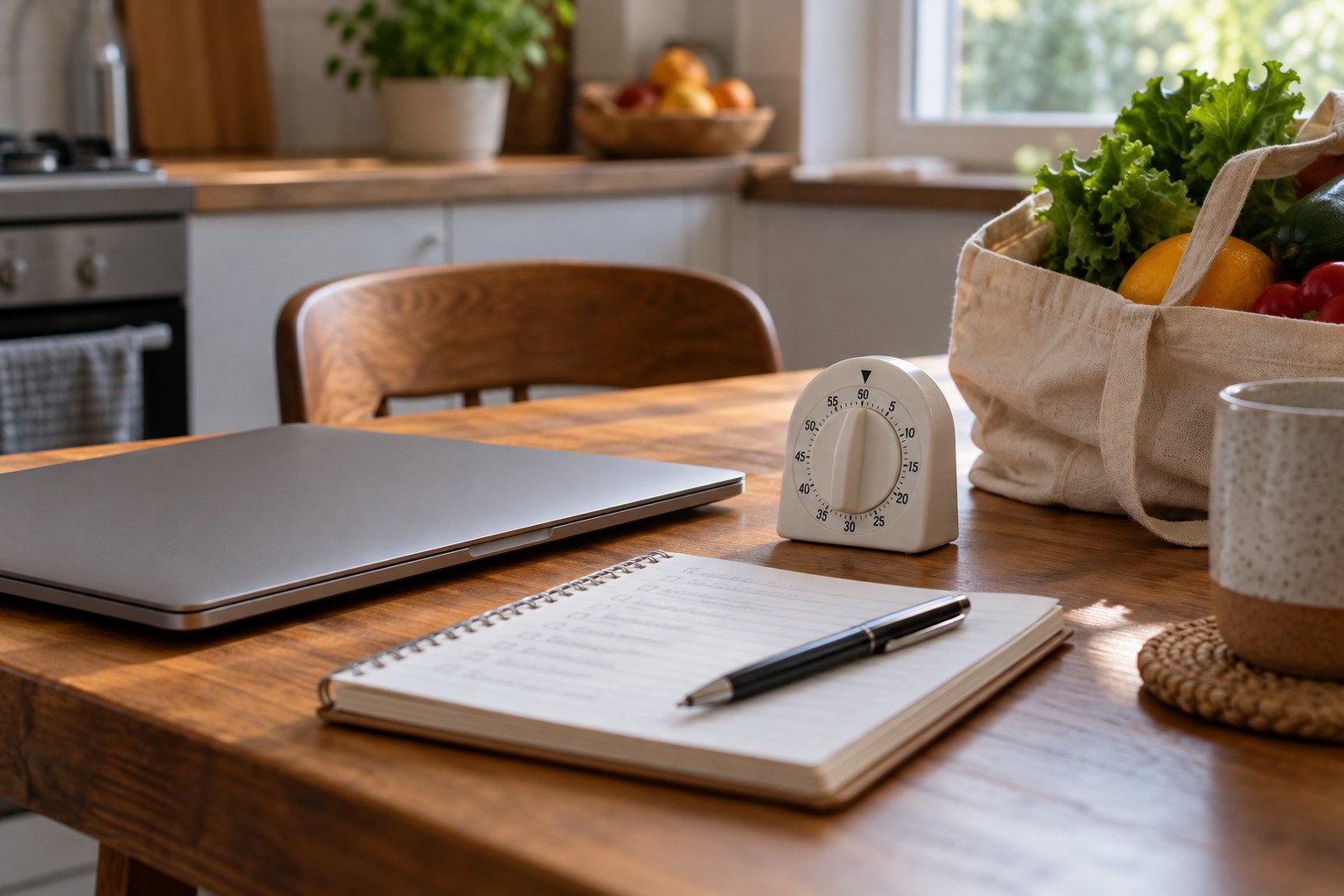 Kitchen timer and a closed laptop next to a shopping notebook.