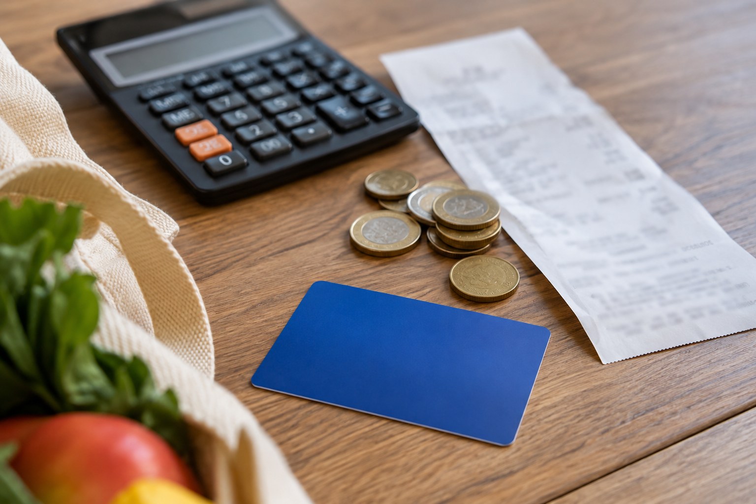 Generic loyalty card with no writing beside cash coins and a receipt.