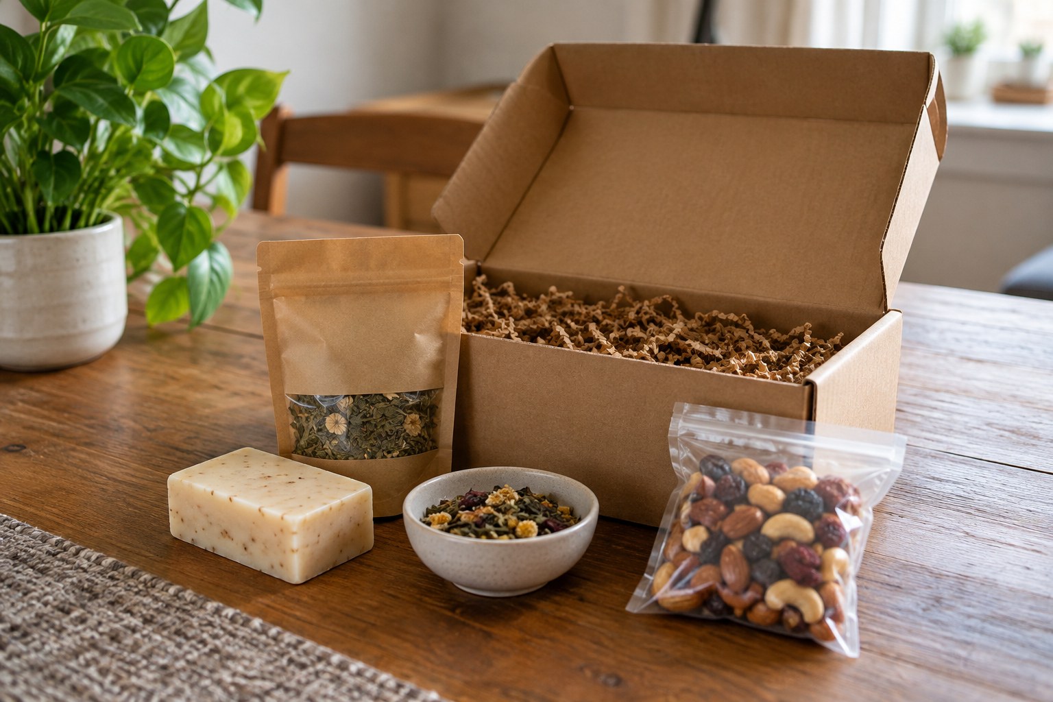 Open subscription box with plain soap tea and snack packets arranged individually beside it.