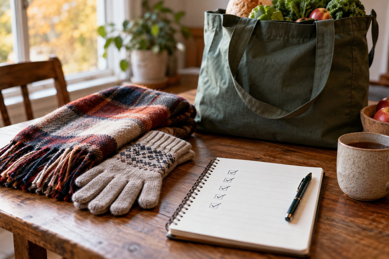 Seasonal shopping checklist notebook with ticks beside folded scarf gloves and a reusable bag.